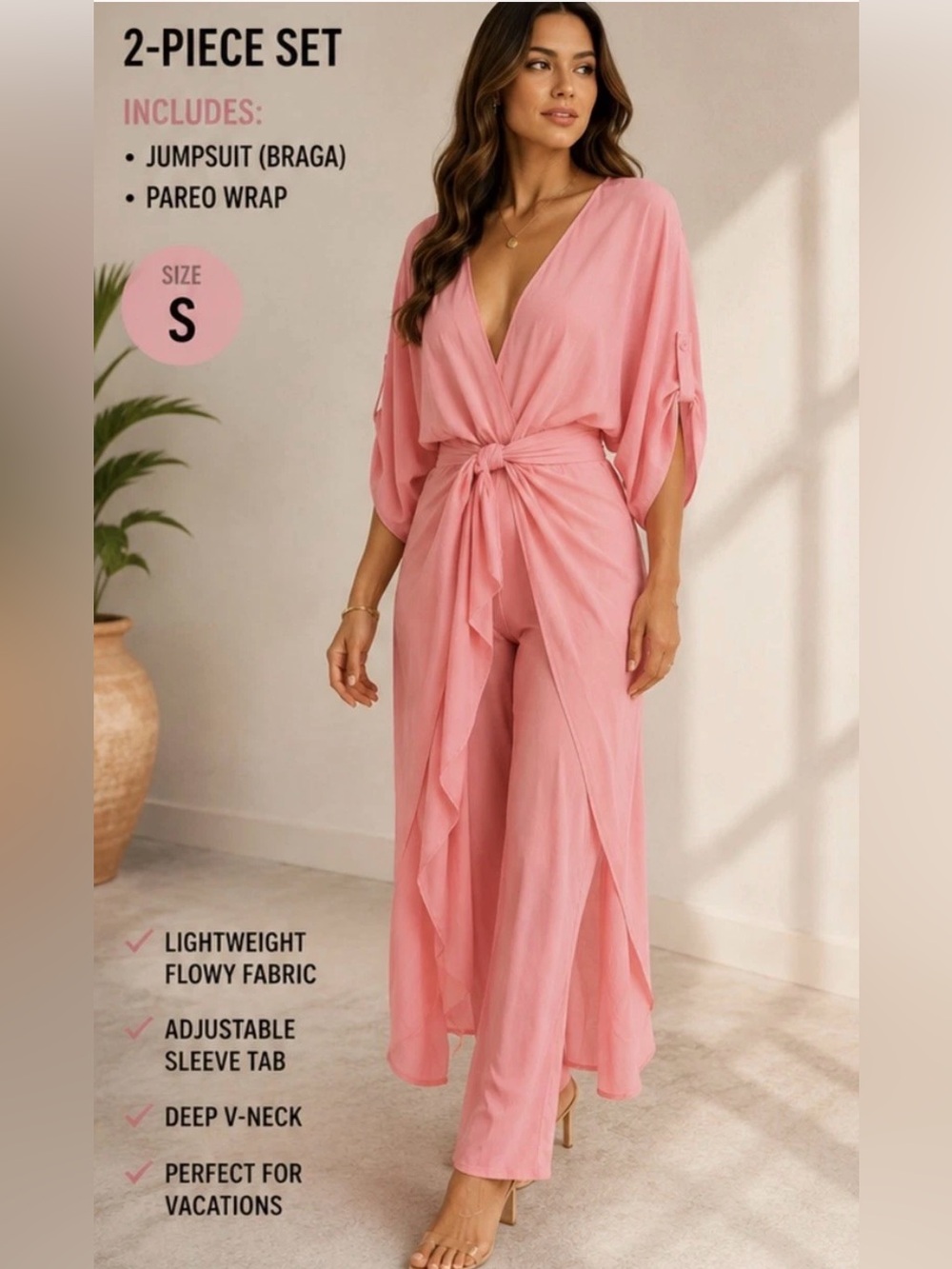Women’s Pink 2 Piece Jumpsuit & Wrap Pareo Set S Resort Vacation Beach Outfit